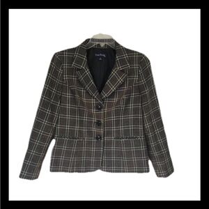 Evan Picone Size 10 Women's 2 Pocket Gray White Plaid Blazer Academia Careerwear